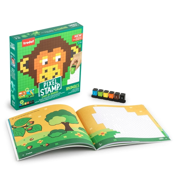 Trodat Pixel Stamp Animals - The combination of Pixel Art and Stamp by Numbers, 1 coloring book for children, 18 animal templates & 6 colorful stamps (light blue, green, yellow, orange, brown, black)