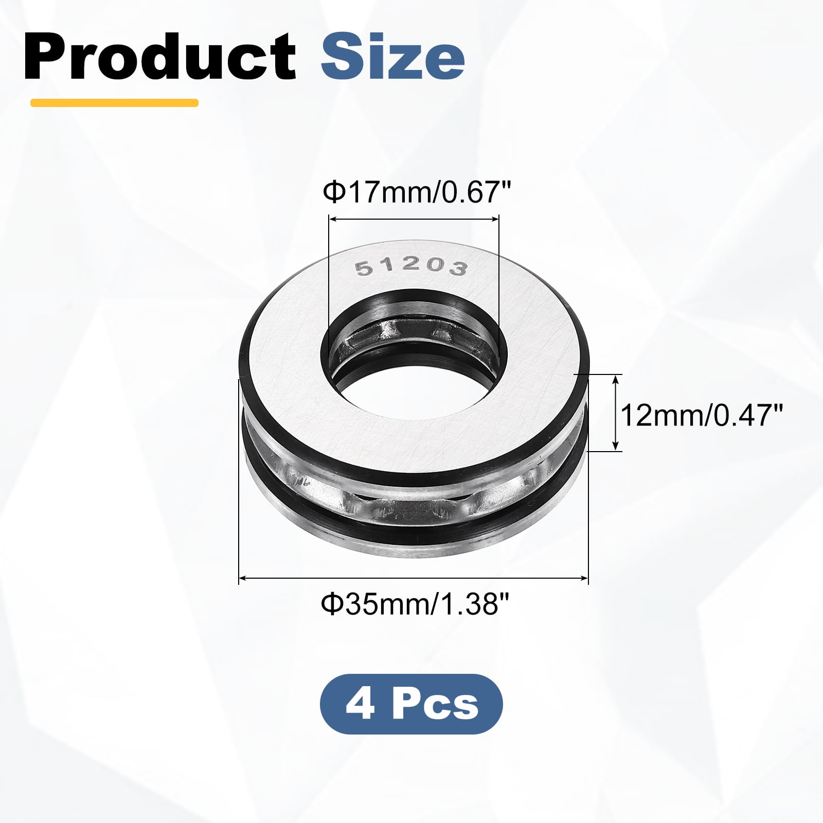 Uxcell 4 Pack Thrust Ball Bearings, 17mm Bore 35mm OD 12mm Thick 51203 Single Row Roller, Chrome Steel Axial Ball Bearing, ABEC5