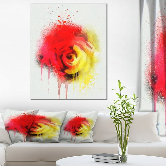 Beautiful Red Yellow Rose Watercolor - Flowers Canvas Wall Artwork