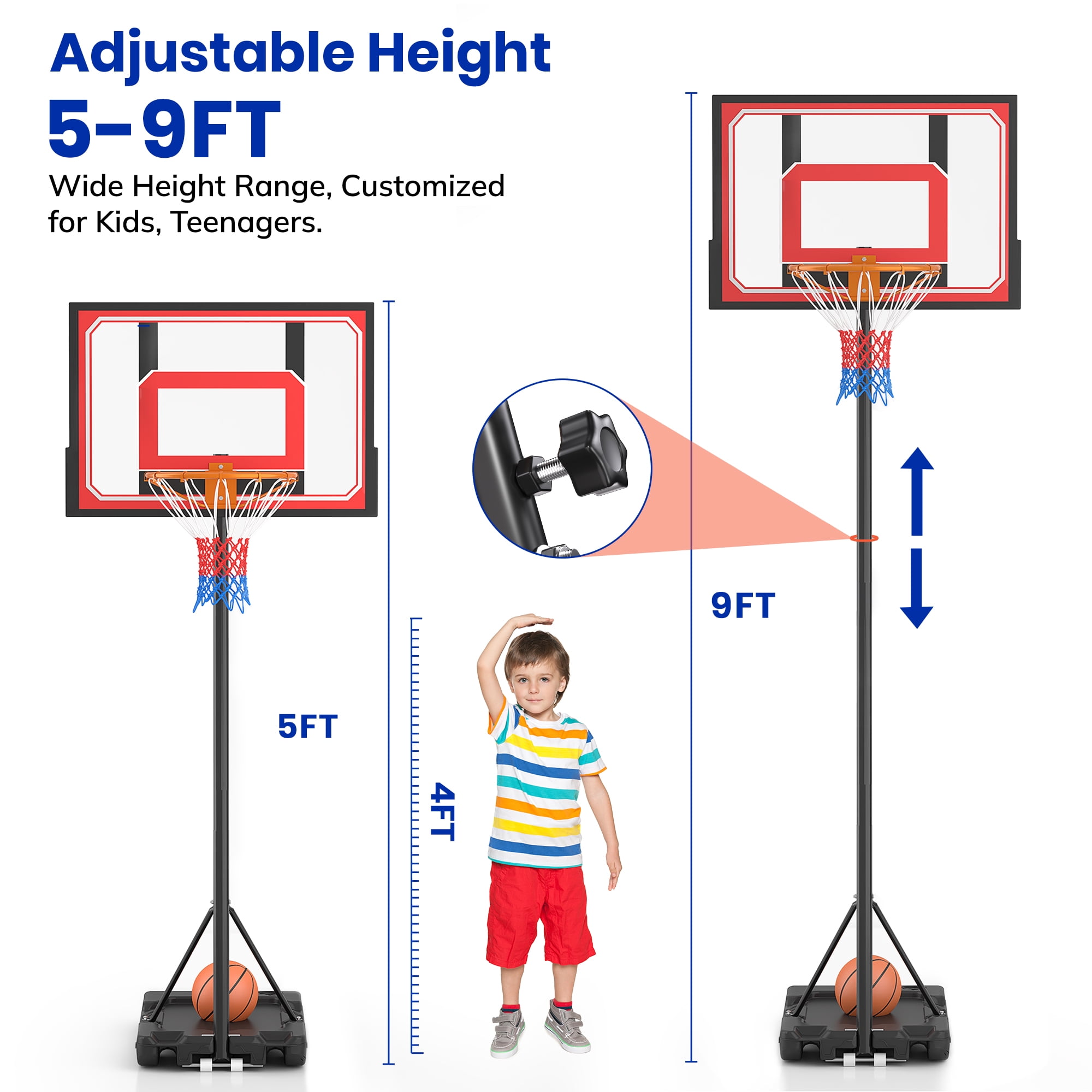 Basketball Hoop for Kids 5-9 ft Adjustable, Portable Basketball Goals for Kids Teenagers Youth, Great Backyard, Driveway, Indoor Play, Red