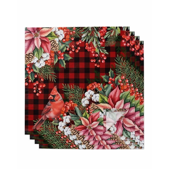 Cardinal Bird Cloth Napkins Set of 4 Reusable Dinner Napkins, Poinsettia Pine Cones Berry Flowers Red Plaid Cocktail Napkin Washable Table Napkins for Wedding/Holiday Party/Baby Shower 20"x20"