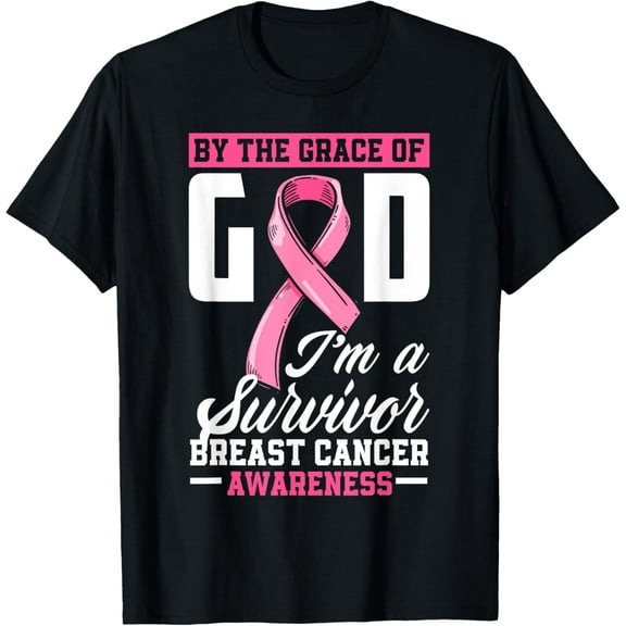 t-shirt By The Grace God I'm A Survivor Breast Cancer Survivor T-Shirt mens,black,women,funny,men,journey,Crew Neck, Short Sleeve,printing