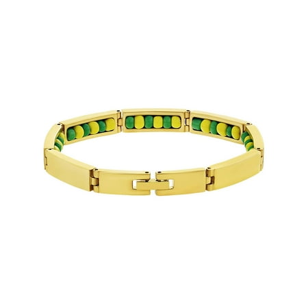 - Stainless Steel Gold Tone Green Yellow Santeria Babalawo Orula Bracelet