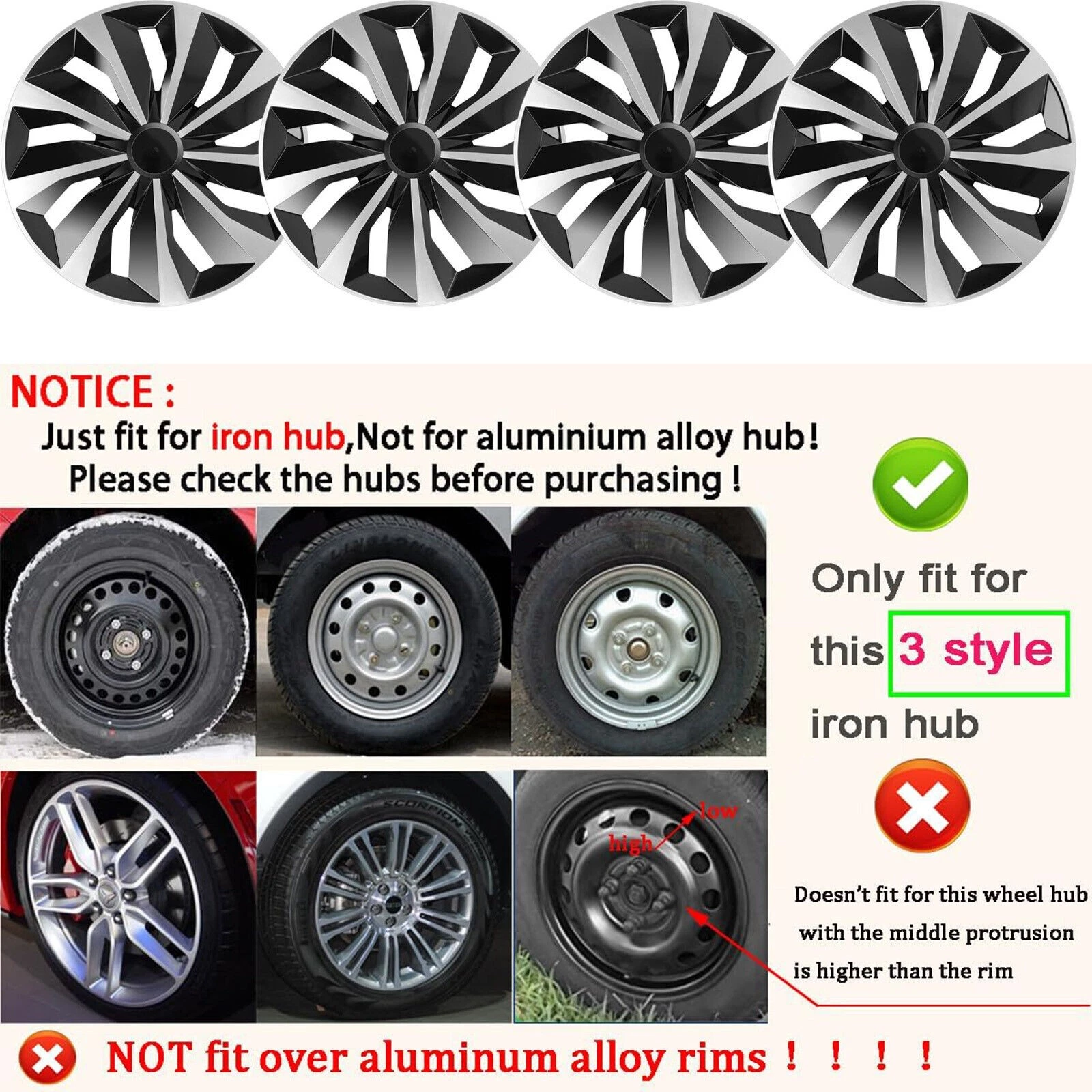 NKDR AUTOMOTIVE 16 Inch Wheel Hub Caps Set of 4, Black and Silver Wheel Covers for Steel Rims Only