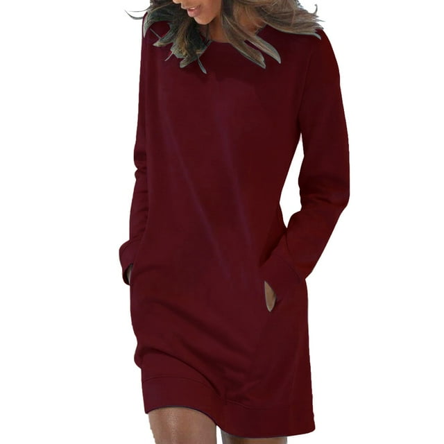 Aocisk Chandail Ample à Manches Longues pour Femmes, Couleur Unie, avec Poche, Rouge, TG