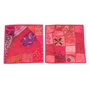 Mogul Vintage Pink Cushion Cover Indian Sari Patchwork Decorative Ethnic Boho Decor Pillow Cases 16x16