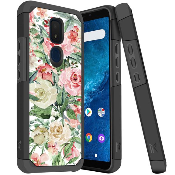 ANJ  Slim Dual Layer Hybrid Shockproof Case   Tempered Glass Cover for Cricket Icon 3, Splendor, AT&T Motivate 2 - Blooming Flowers
