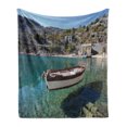 thumbnail image 1 of Croatia Soft Flannel Fleece Blanket, Tranquil Scenery of Old Stone Houses with Wooden Boat on Pure Calm Water Little Bay, Cozy Plush for Indoor and Outdoor Use, 50" x 70", Multicolor, by Ambesonne, 1 of 6