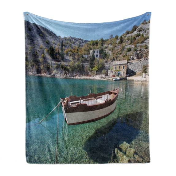 Croatia Soft Flannel Fleece Blanket, Tranquil Scenery of Old Stone Houses with Wooden Boat on Pure Calm Water Little Bay, Cozy Plush for Indoor and Outdoor Use, 50" x 70", Multicolor, by Ambesonne