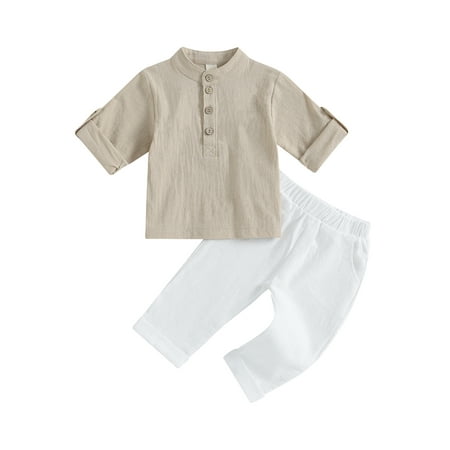 

Suanret Toddler Kids Boys Summer Outfits Buttons Short Sleeve Shirts Elastic Waist Long Pants 2Pcs Clothes White 12-18 Months