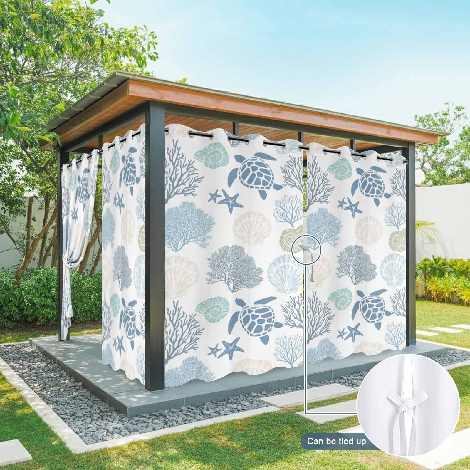 Summer Marine Life Outdoor Curtains for Patio, Graffiti Sea Turtle Starfish Teal Conch Coral Sunshade Privacy Drapes Grommet Waterproof Outside Curtains for Porch/Cabana/Balcony 54"x 108", 1 Panel