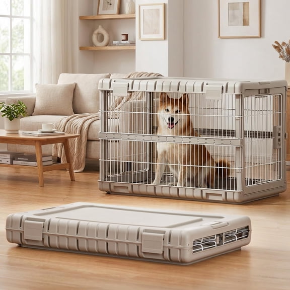 Collapsible Dog Crate for Dogs - 28" L Heavy Duty Dog Kennel No Tools Required with 4 Sides Steel Foldable Cage for Dogs Indoor Furniture, Portable Carrier with 2 Smooth Wheels, Beige