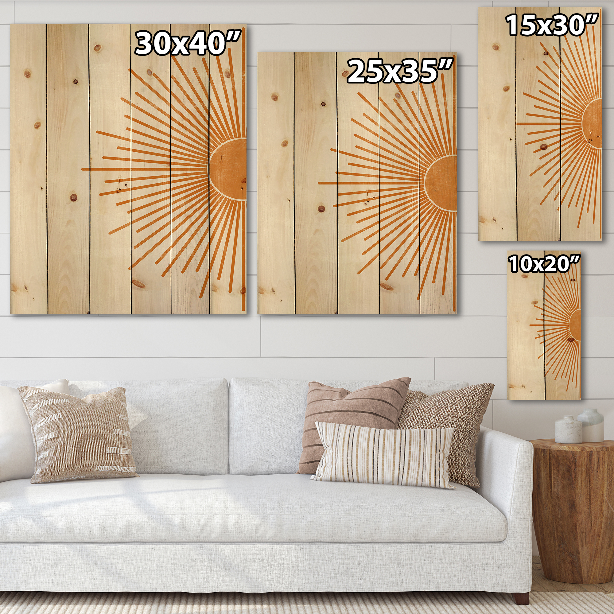 Designart 'Orange Sun Print On Beige I' Modern Print on Natural Pine Wood
