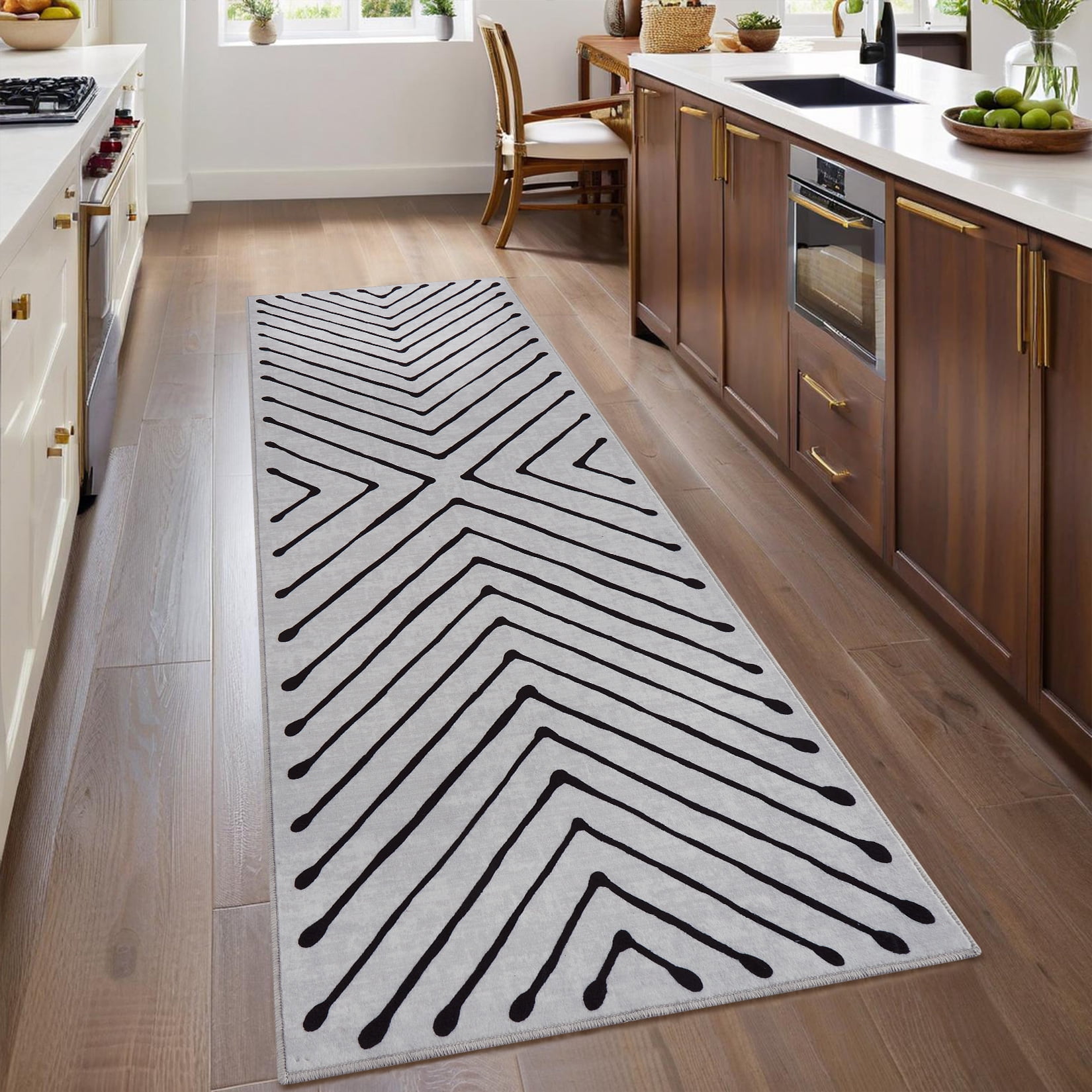 FairOnly Modern 2'x6'Runner Rug with Symmetrical Fine Lines Machine Washable Low Pile Non-Slip Geometric Rugs for Bedroom Kitchen,Beige White