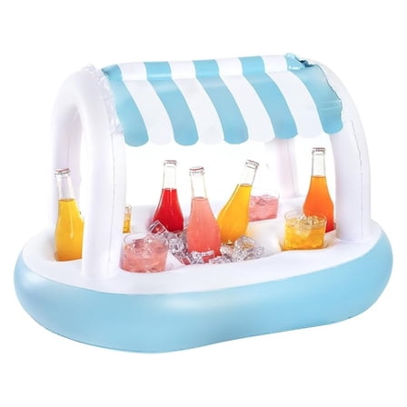 Inflatable Floating Buffet Bar with Canopy - Blue & White Cabana Stripes