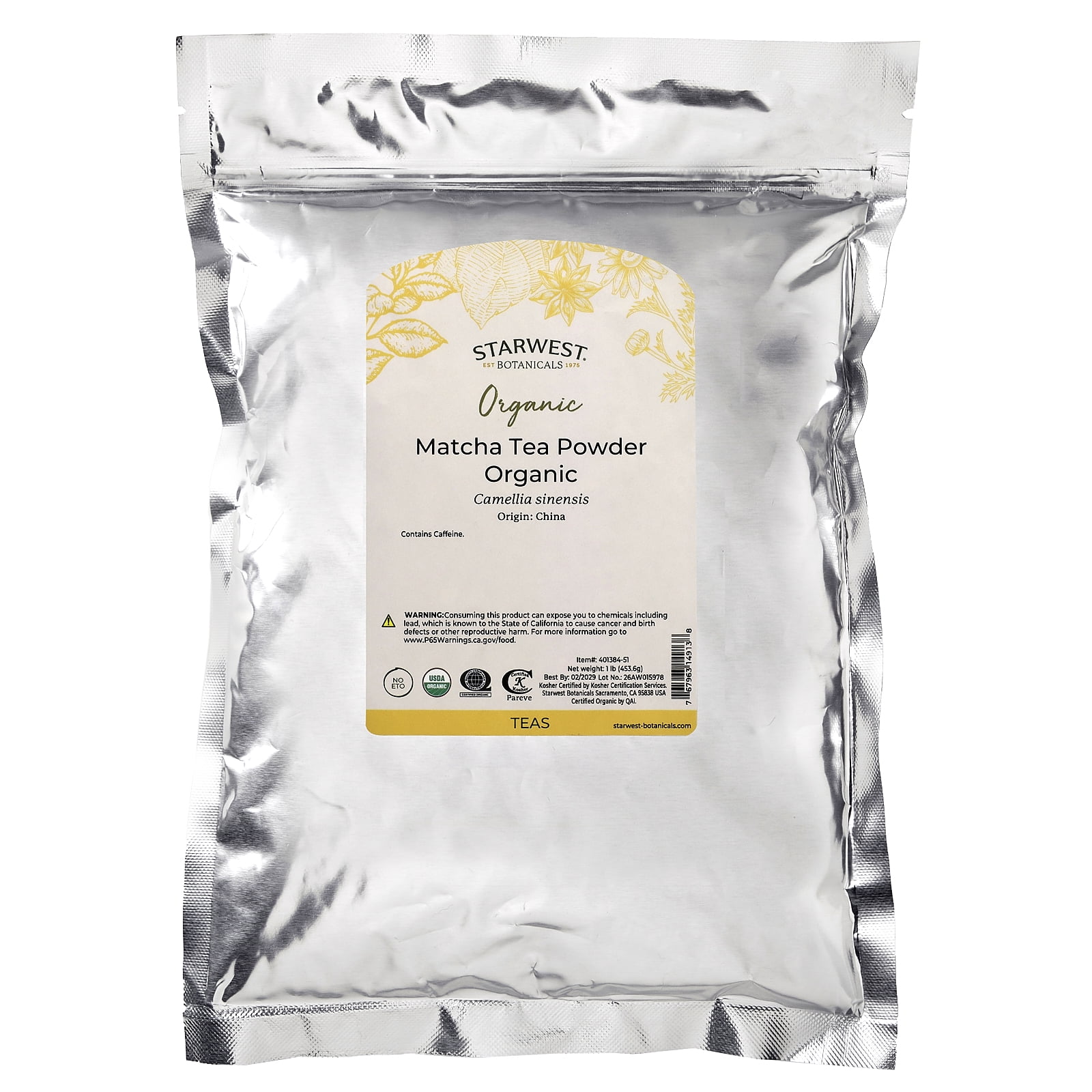 Starwest Botanicals Organic Matcha Tea Powder, 1 lb (453.6 g)