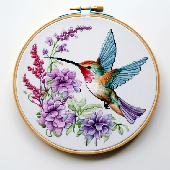 Hummingbird Round Shape Stamped Cross Stitch Kits for Beginners Easy with Hoop 11CT Needlepoint Embroidery DIY Counted Cross Stitch Kits Art Craft Wall Decor 35x35cm(3)