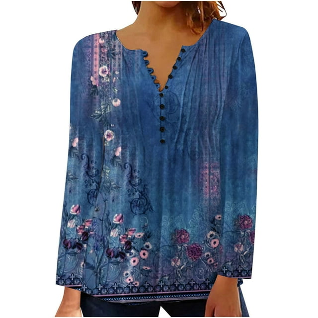 CEHVOM Mode Femme Été Aguichant Pli Imprimé Régulier Femme Manches Longues Col en V Bouton Haut Liquidation