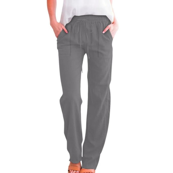Flmaly vacation outfits for women High Waistband Women's Cotton Linen Pants Solid Color Drawstring Casual Wide Leg Long Pants Casual Trousers Pocket Vacation Outfits