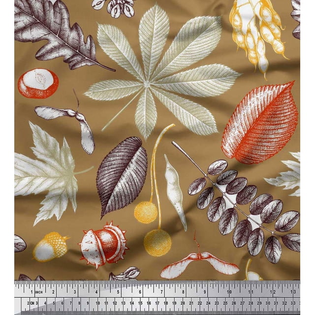Soimoi Poly Georgette Fabric Berries,Oak Chestnut Leaves Print Sewing Fabric Yard 52 Inch Wide