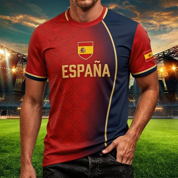 Mens Soccer Shirt Spain Raglan Tops Short Sleeve Summer Graphic Tee Casual V Neck T Shirt Sports Fan Casual Tops Tee L