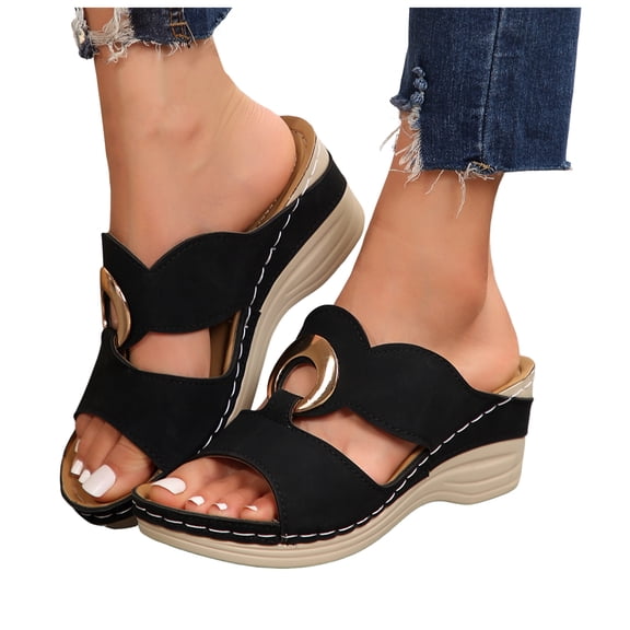 Rokment Orthopedic Platform Wedge Slides Sandals for Women with Arch Support Vintage Casual Comfortable Metal Leather Open Toe Chunky High Heels Slip on Backless Dress Sandals Black Size 6.5