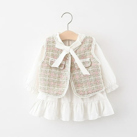 

Hunpta Toddler Kids Infant Newborn Baby Girls Long Ruffled Sleeve Patchwork Bowknot Princess Dress Plaid Vest Set 2PCS Outfits