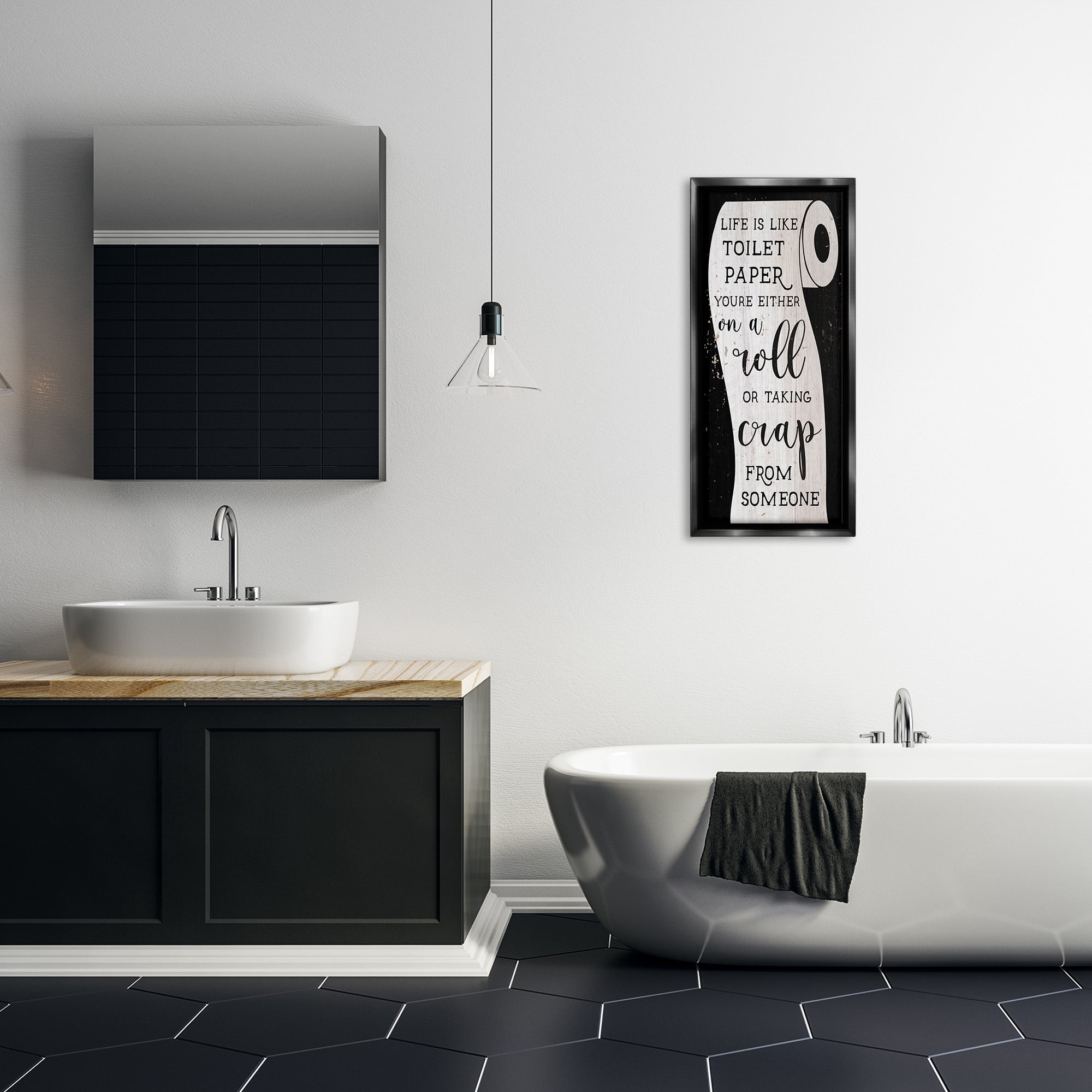 Stupell Industries Like Toilet Paper Funny Bathroom Typography Painting Black Floater Framed Canvas Art Print Wall Art, 15 x 31