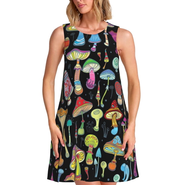 Balery Bright Mushrooms Vestidos de verano para mujer con estampado: vestido holgado sin mangas, vestido playero informal y cómodo para días calurosos.