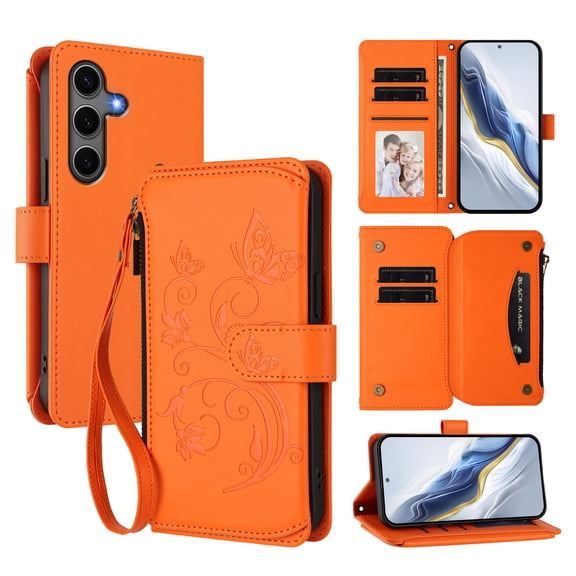 Dteck Wallet Crossbody Strap Case for Samsung Galaxy S25 ,Magnetic Leather TPU Card Slots Zipper Wallet Case Shockproof Kickstand Cover with Detachable Wrist Strap / Shoulder Strap,Orange