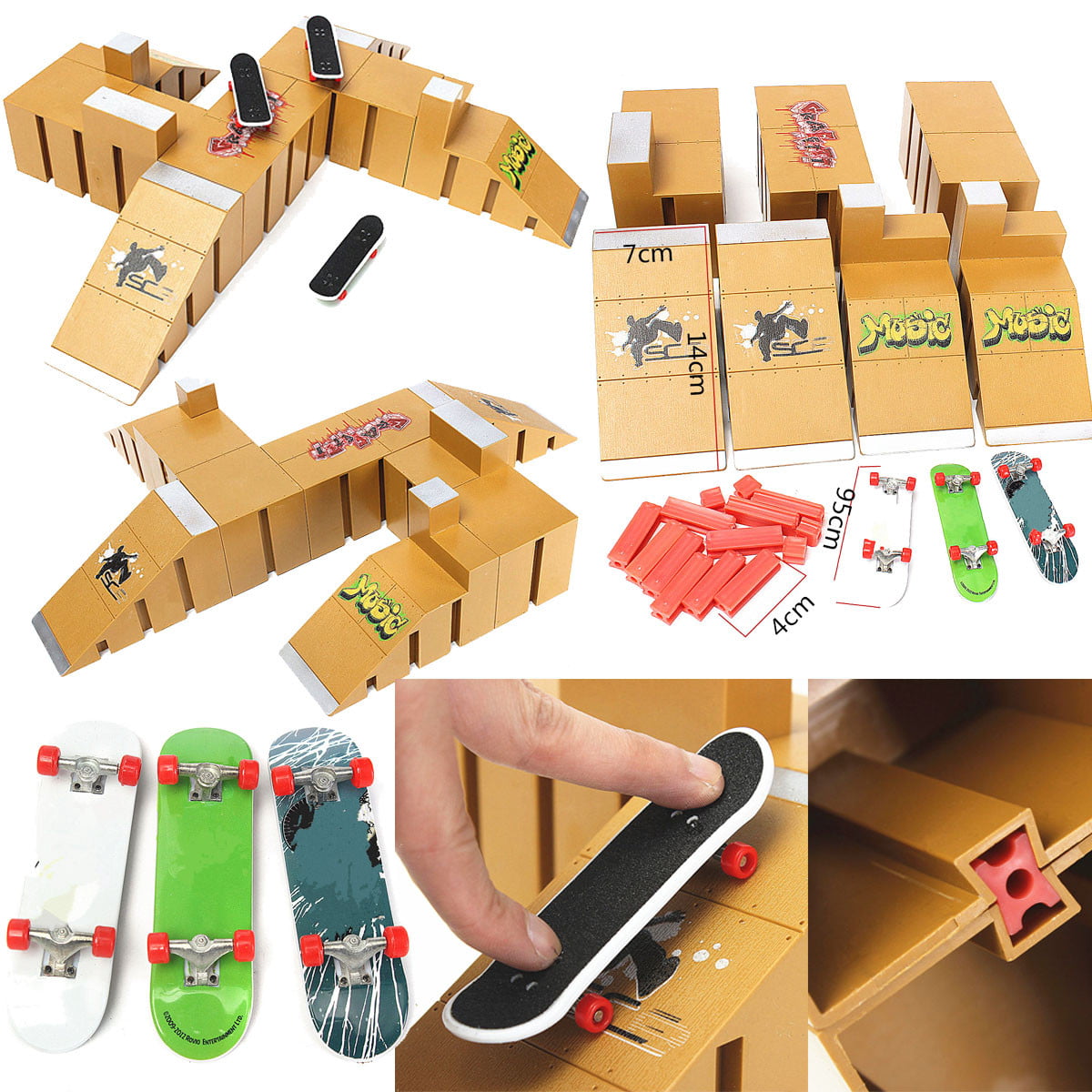 6pcs Set Cherish XT Finger Skate Park Kit Ramp Parts for Finger Skateboard Ultimate Parks Training Props Tech Deck with Finger Boards Red with Graffiti A 