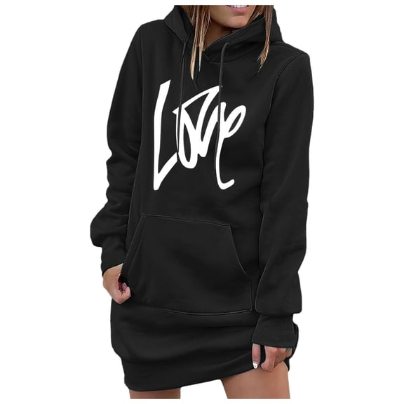 HNMKIU Women's Loose Hoodies for Women Mid Length Hoodie Dress,Black,L