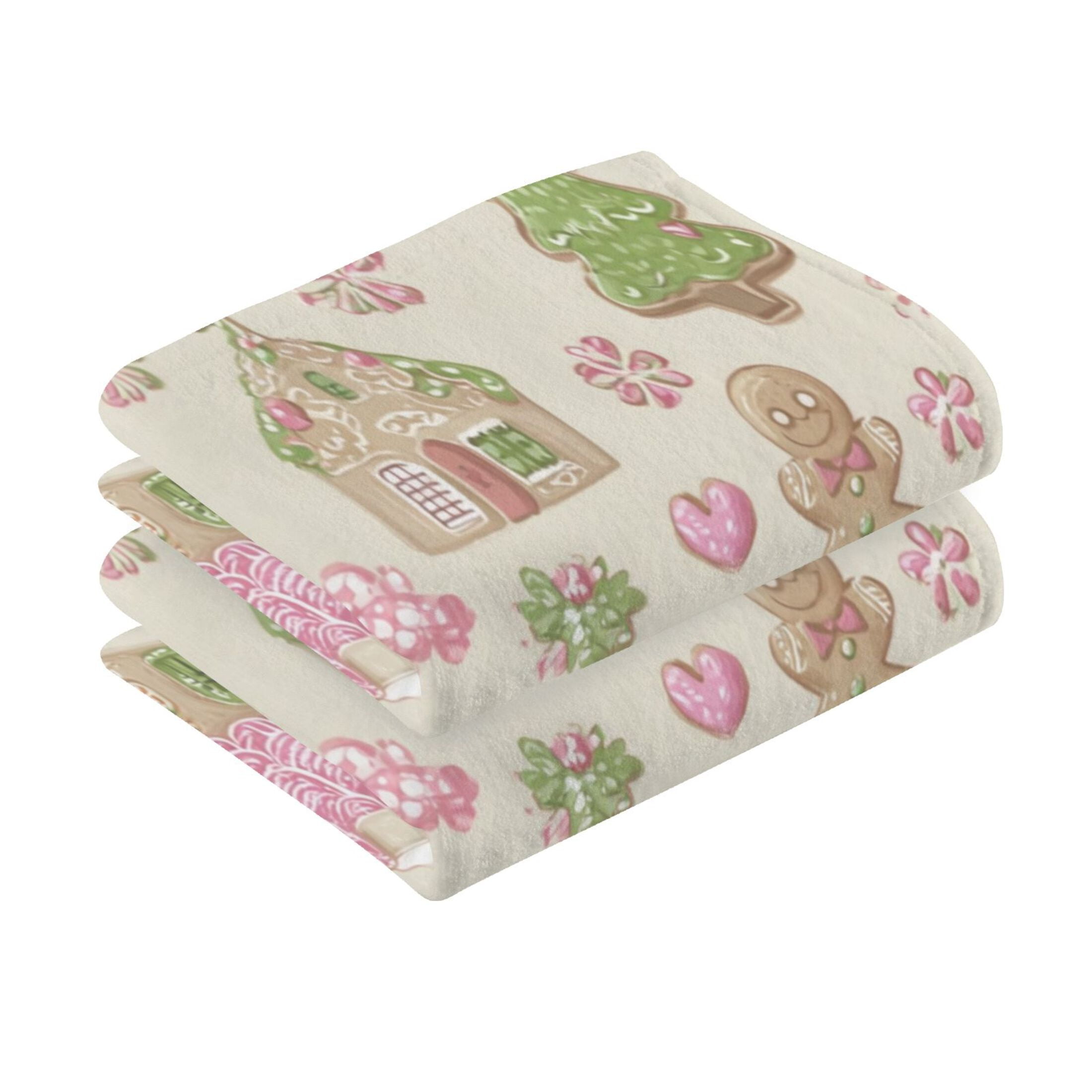 2 Pcs Hand Towels Sets Pink Cute Christmas Pattern Cotton Towel Set Absorbent Face Towel for Bathroom Kitchen Shower Hotel Decor
