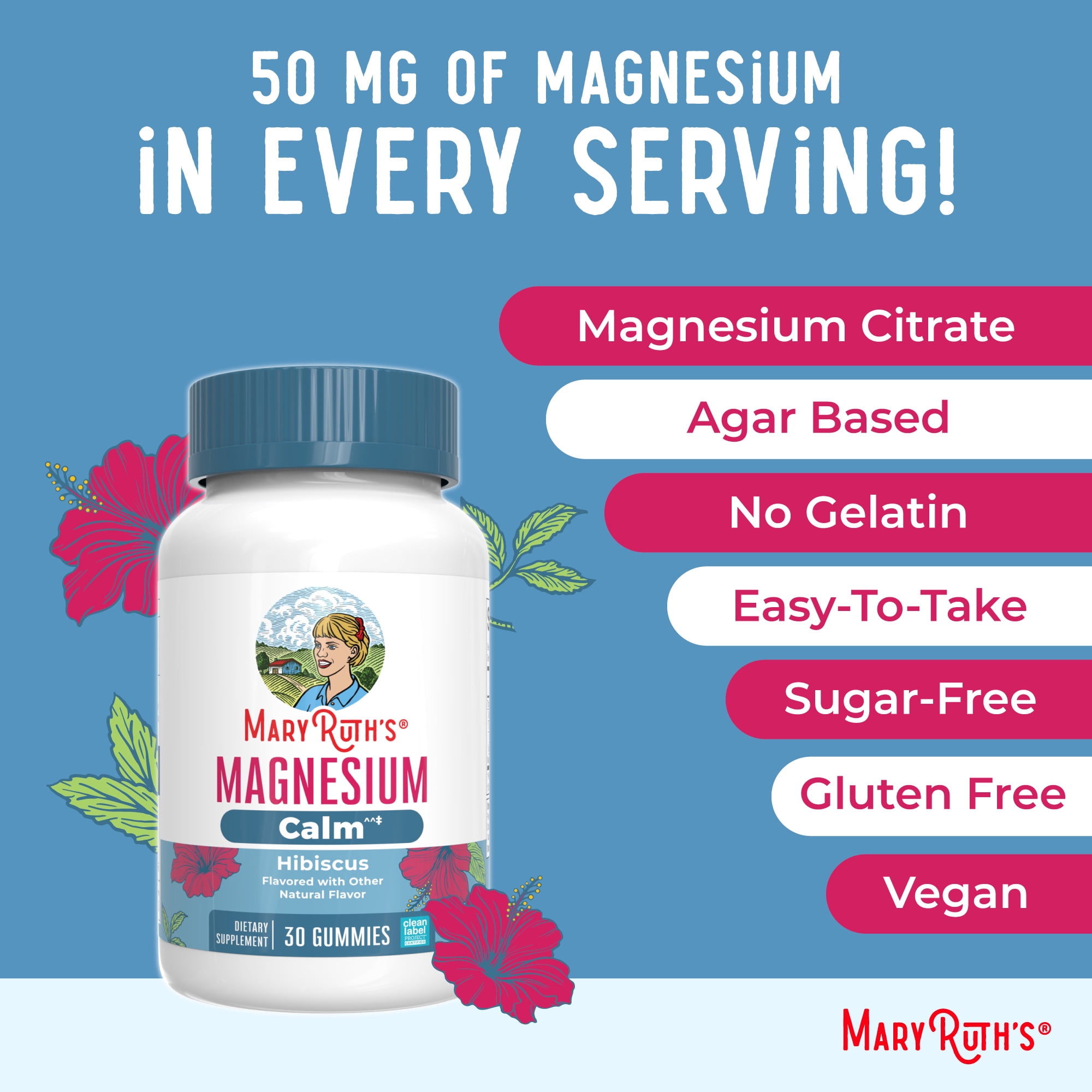 (2 pack) MaryRuth Organics Adult Magnesium Calm Gummies for Bone and Joint Health, Mineral Supplements, Hibiscus, 30 Count