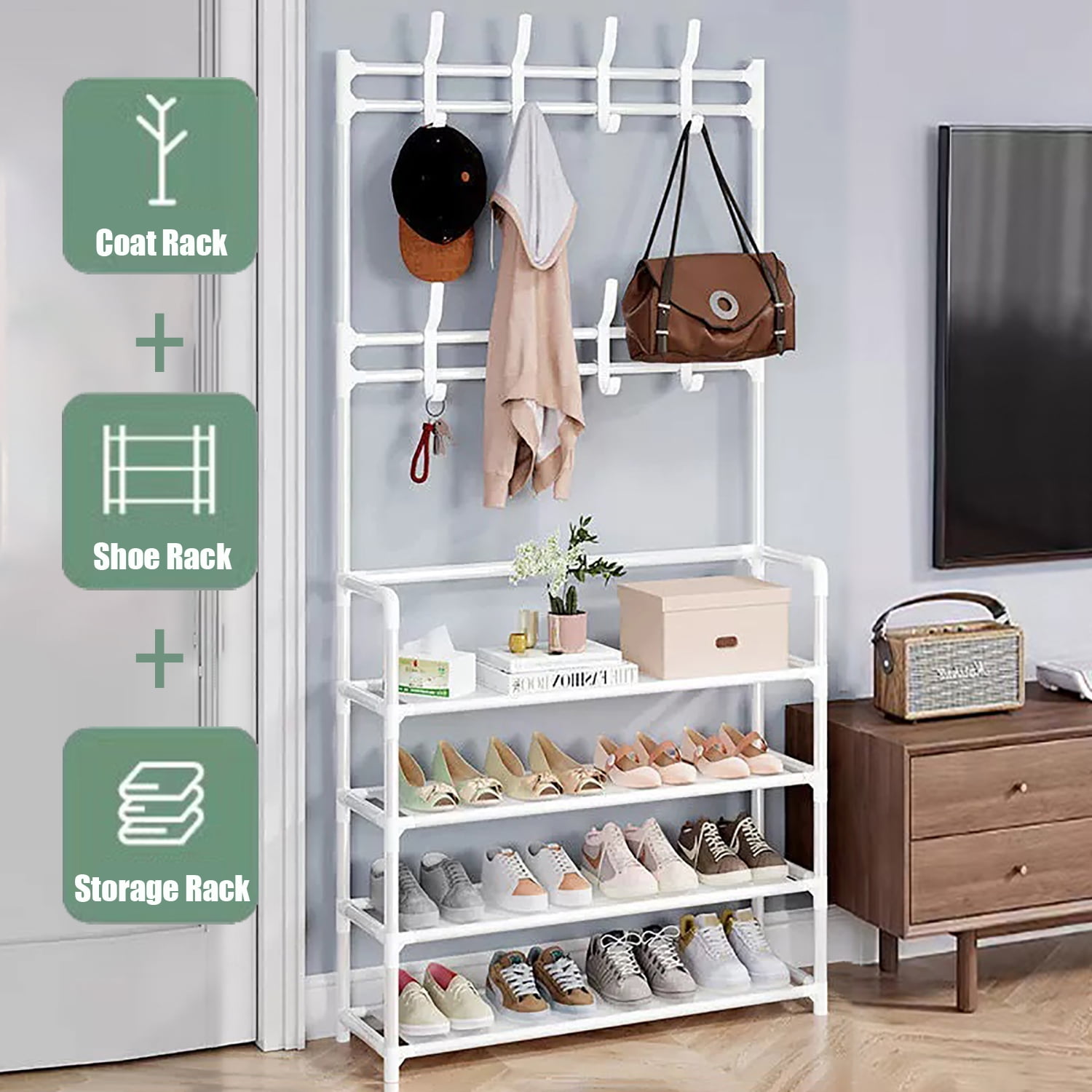 4Tier Entry Hall Tree with Shoe and Coat Rack 3 in 1 Shoe Storage Rack