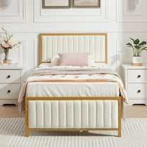 VECELO Twin Size Metal Platform Bed Frame, Modern Upholstered Bed Frame with Velvet Tufted Headboard and Footboard, No Box Spring Needed, Gold & Beige