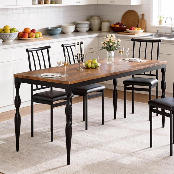 78" Modern Dining Table with Heavy-Duty Metal Legs, Farmhouse Kitchen Table for 6-8 Family, Rustic Brown Wood Top with Spindle Design for Dining Room, Home Office, Apartment