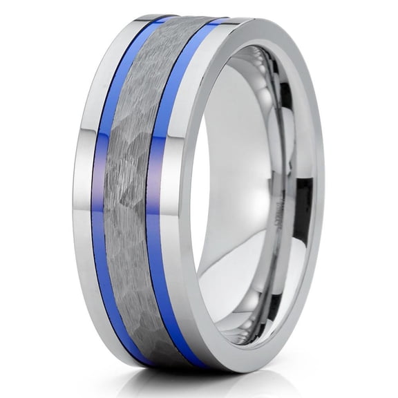 8mm Polished Silver Tungsten Carbide Wedding Band Dual Blue Groove Hammered Center Pipe Cut 10