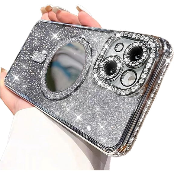 for iPhone 15 Plus Glitter Magnetic Case, [Compatible with Magsafe] Shockproof Bling Diamond Camera Lens Protector Makeup Mirror Sparkly Girly Cute Phone Cover for iPhone 15 Plus (Silver)