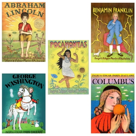 Set of Illustrated biographies by Ingri & Edgar Parin d'Aulaire : Benjamin Franklin, Abraham Lincoln, Pocahontas, Columbus, and George Washington