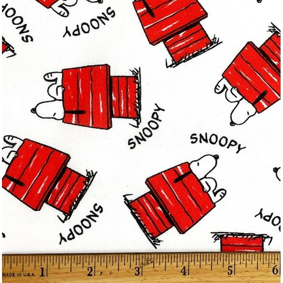 1 Fat Quarter - Peanuts Snoopy & Red House on White Cotton Fabric - 21" X 18"