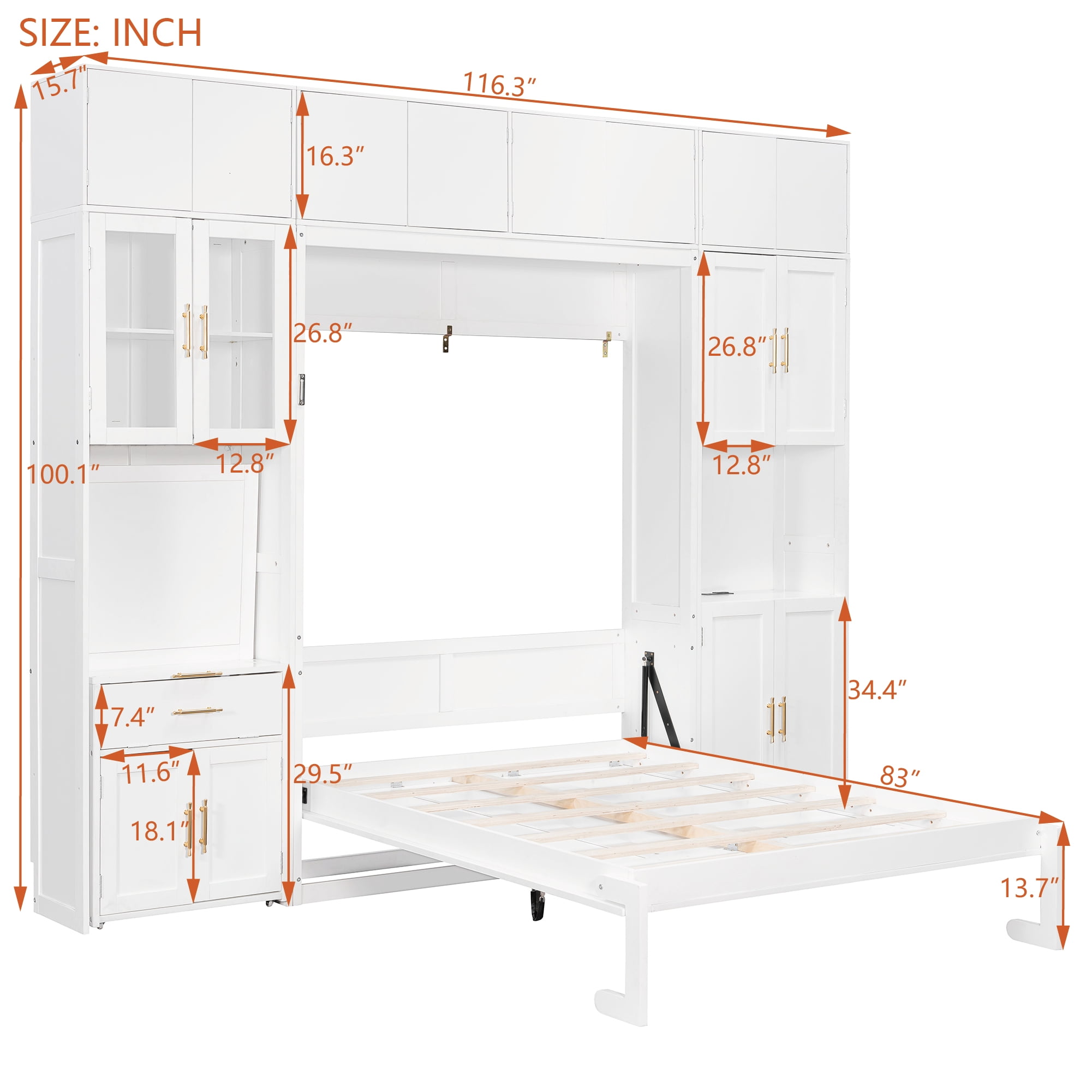 Full Size Murphy Bed with Storage Hutch, Writing Desk, USB, LED Lighted for Small Space, Guest Room