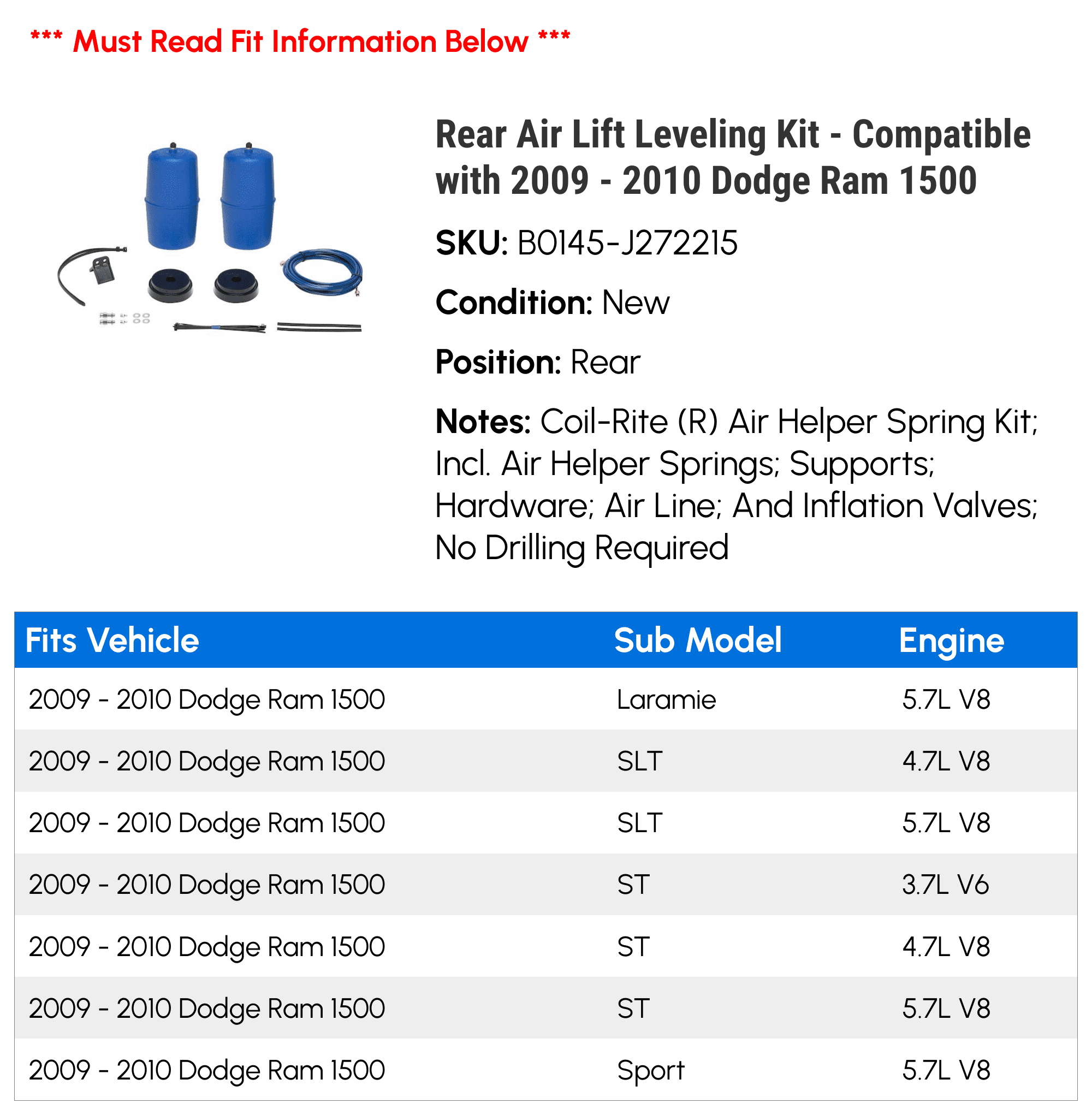 Rear Air Lift Leveling Kit - Compatible with 2009 - 2010 Dodge Ram 1500