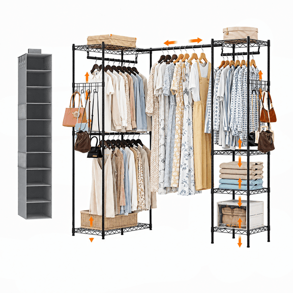 Clothes Rack, Hanging Hat Bag& Expandable Closet Rod, 460Lbs Capacity Heavy Duty Clothing Rack, Closet Organizers and Storage, Metal Garment Rack with Adjustable Shelves for Bedroom, Black