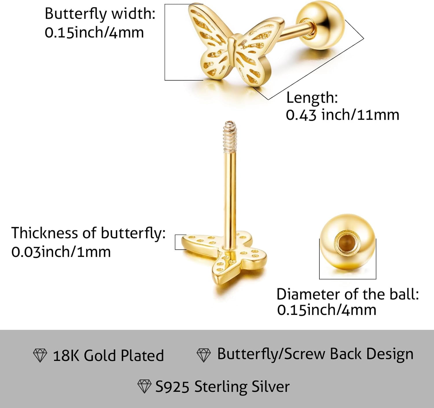 Gold Stud Earrings 925 Sterling Silver 18K Gold Plated Cubic Zirconia Screw Back Cute Hypoallergenic for Women Jewelry Gift Mother's Day