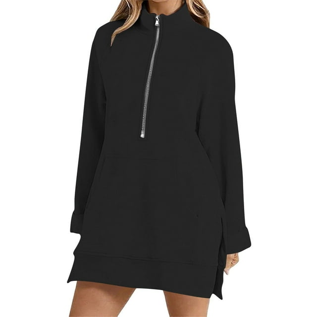 Dagugfen Tops for Women Side Split Loose Comfy Half Zipper Warm Pullover Mid Length Sweatshirts Fall Winter