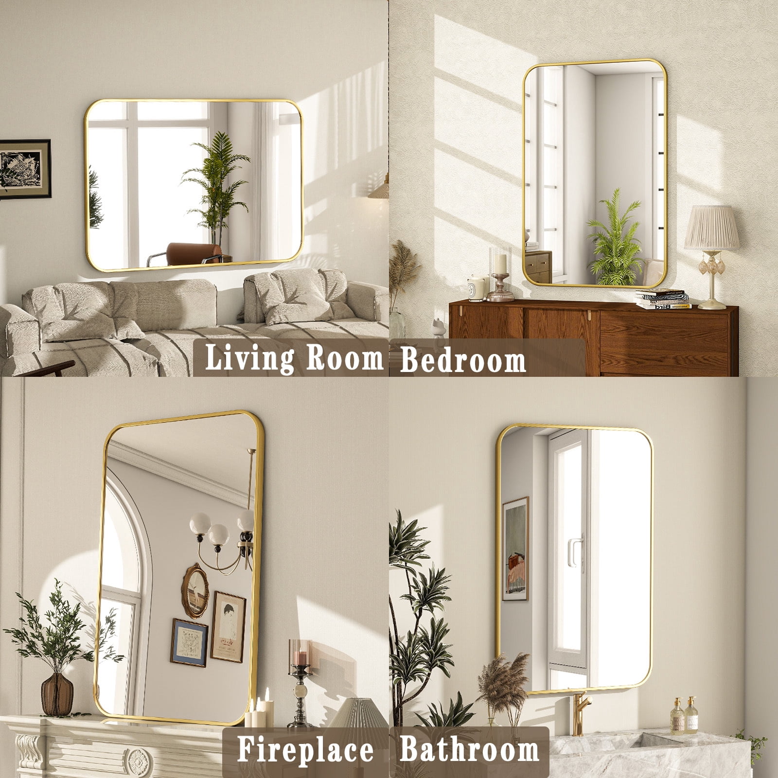 Gleamira 20"x28" Round Edge Rectangular Bathroom Mirror Wall Mounted, Gold