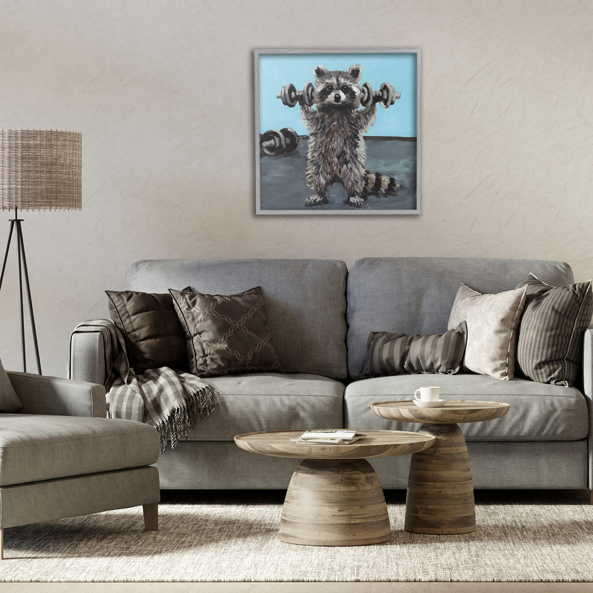 Fitness Raccoon with Weights Gray Framed Giclee Art, design by Studio Bautista