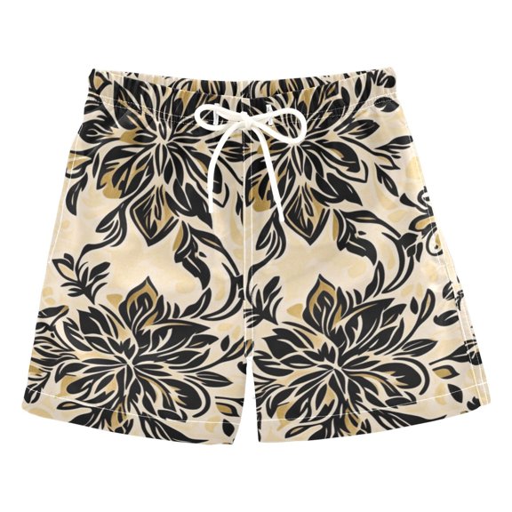 Black Floral Gold Background Boys Swim Trunks Quick Dry Boy Swim Shorts for 3-14 Years