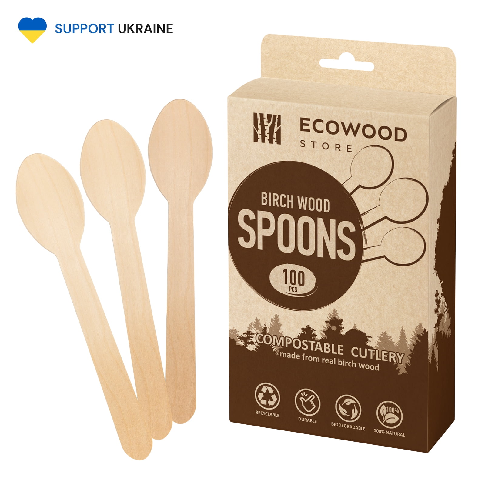 Compostable Wooden Spoons 100 pcs, 6.3" long 100 Real Birch Wood